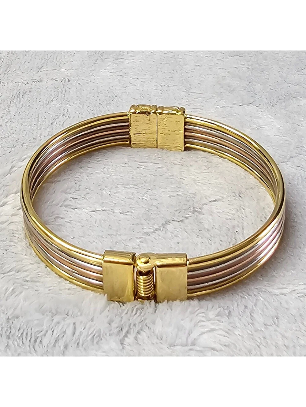 Premier Designs Tri Tone Hinged Cuff Bracelet Gold Silver Rose Gold Multi Wire